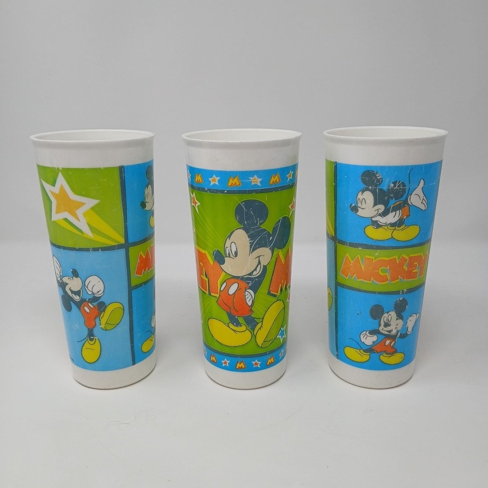 Lot Of‎ 3 Vintage Mickey Mouse Tumbler 16oz Tupperware Drinking Cups, Scratches